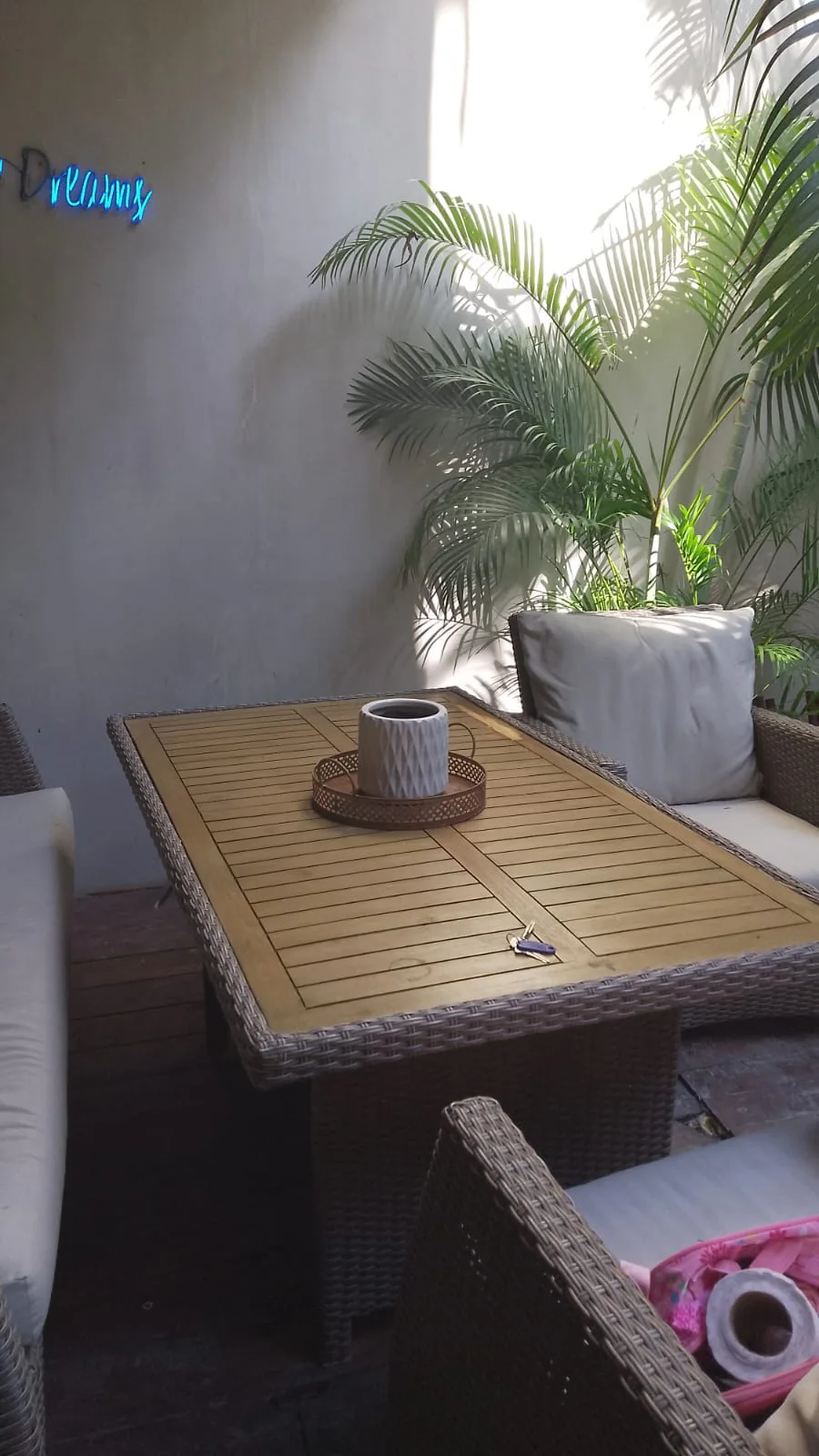Patio con palmeras y mesa exterior en el departamento Artia, Aldea Zamá